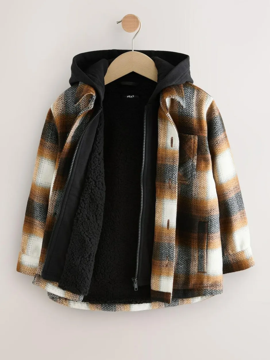 Next Borg Lined Hooded Check Shacket (3-16yrs) Rust Brown Online