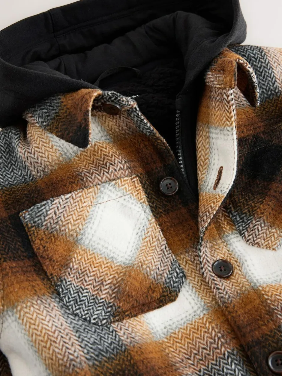 Next Borg Lined Hooded Check Shacket (3-16yrs) Rust Brown Online