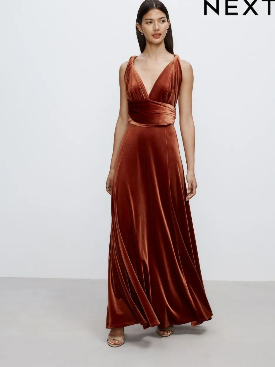 Next Bridesmaid Velvet Multiway Maxi Dress Rust Brown Clearance