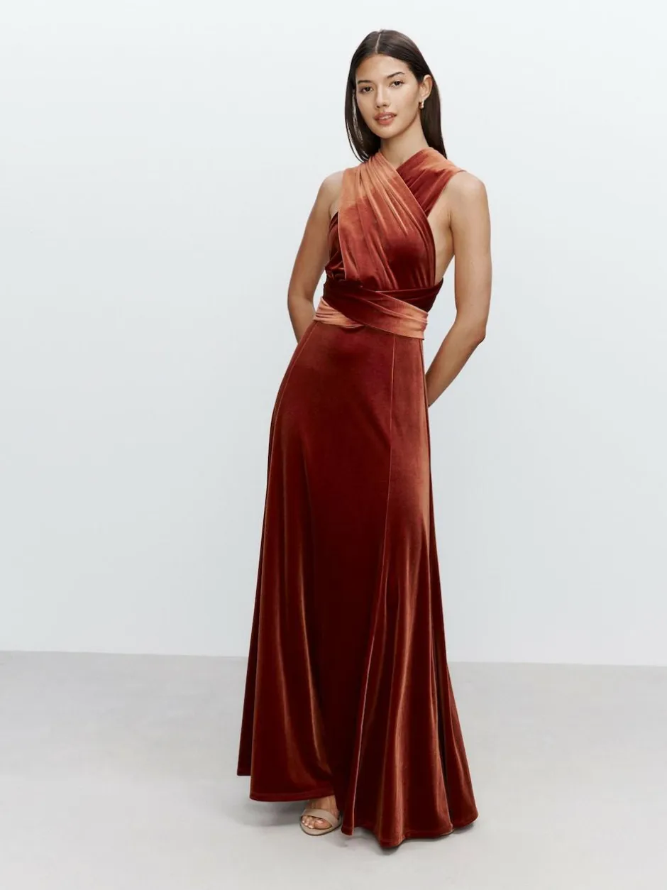 Next Bridesmaid Velvet Multiway Maxi Dress Rust Brown Clearance