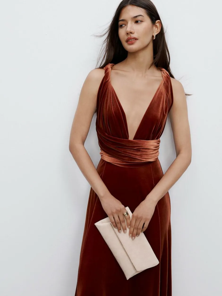 Next Bridesmaid Velvet Multiway Maxi Dress Rust Brown Clearance