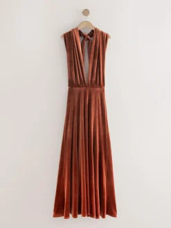Next Bridesmaid Velvet Multiway Maxi Dress Rust Brown Clearance