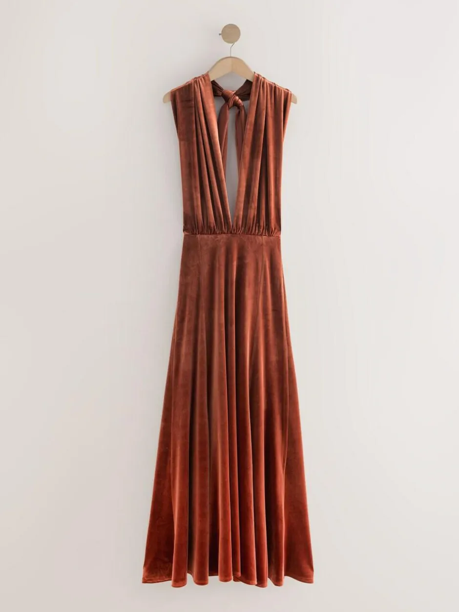Next Bridesmaid Velvet Multiway Maxi Dress Rust Brown Clearance