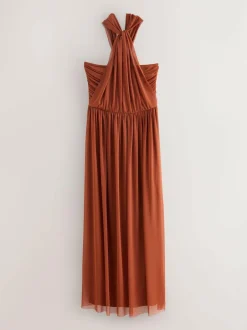 Next Rust Brown Mesh Multiway Wedding Guest Bridesmaid Maxi Dress Outlet