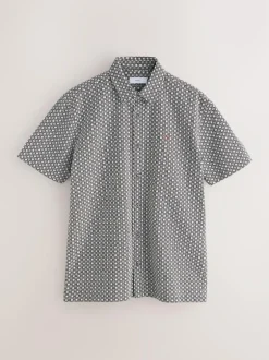 Next Printed Stretch Oxford Short Sleeve Shirt Rust Brown Outlet