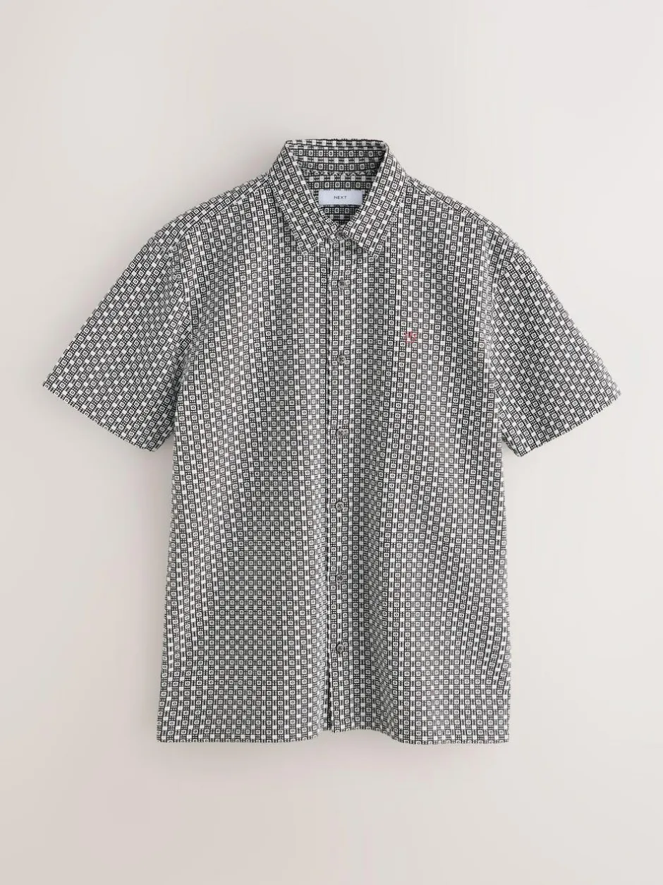 Next Printed Stretch Oxford Short Sleeve Shirt Rust Brown Outlet