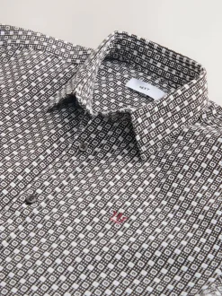 Next Printed Stretch Oxford Short Sleeve Shirt Rust Brown Outlet