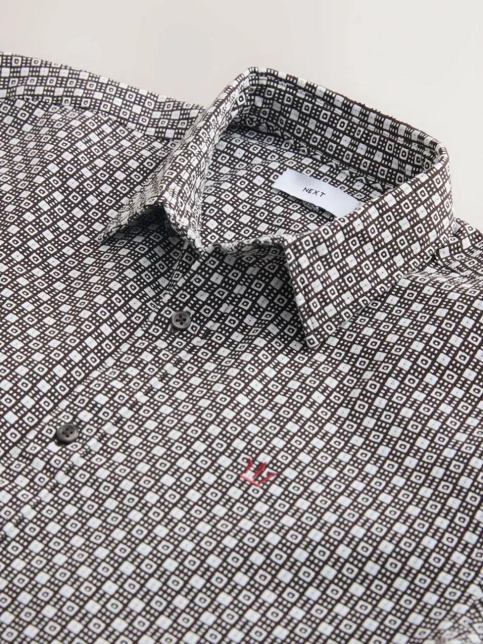 Next Printed Stretch Oxford Short Sleeve Shirt Rust Brown Outlet