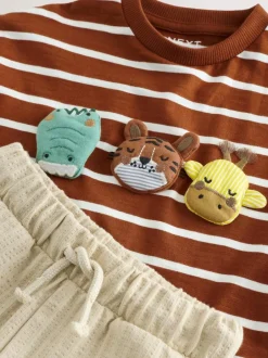 Next Short Sleeve T-Shirt and Shorts Set (3mths-7yrs) Rust Brown Stripe Padded Animals