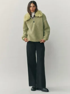 Next Sage Green Borg Quarter Zip Fleece with Fur Collar Clearance
