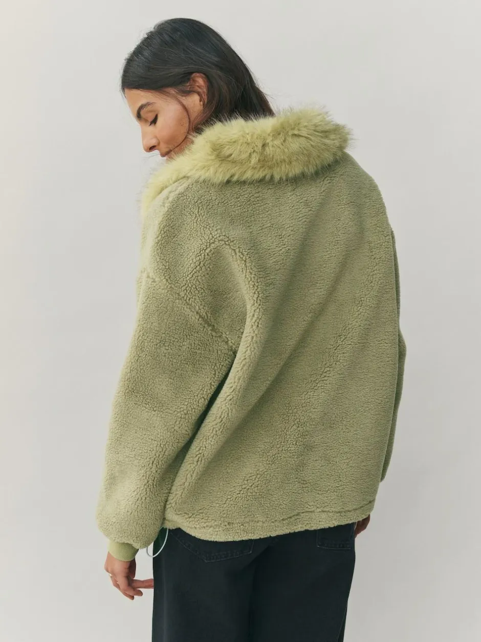 Next Sage Green Borg Quarter Zip Fleece with Fur Collar Clearance