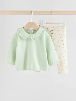 Next Sage Green/ Cream Ditsy Baby Frill Collar Sweater and Leggings 2 Piece Set (0mths-2yrs) New