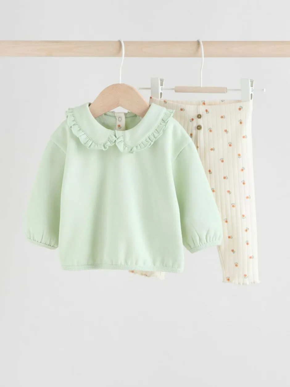Next Sage Green/ Cream Ditsy Baby Frill Collar Sweater and Leggings 2 Piece Set (0mths-2yrs) New
