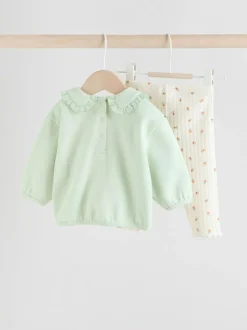 Next Sage Green/ Cream Ditsy Baby Frill Collar Sweater and Leggings 2 Piece Set (0mths-2yrs) New