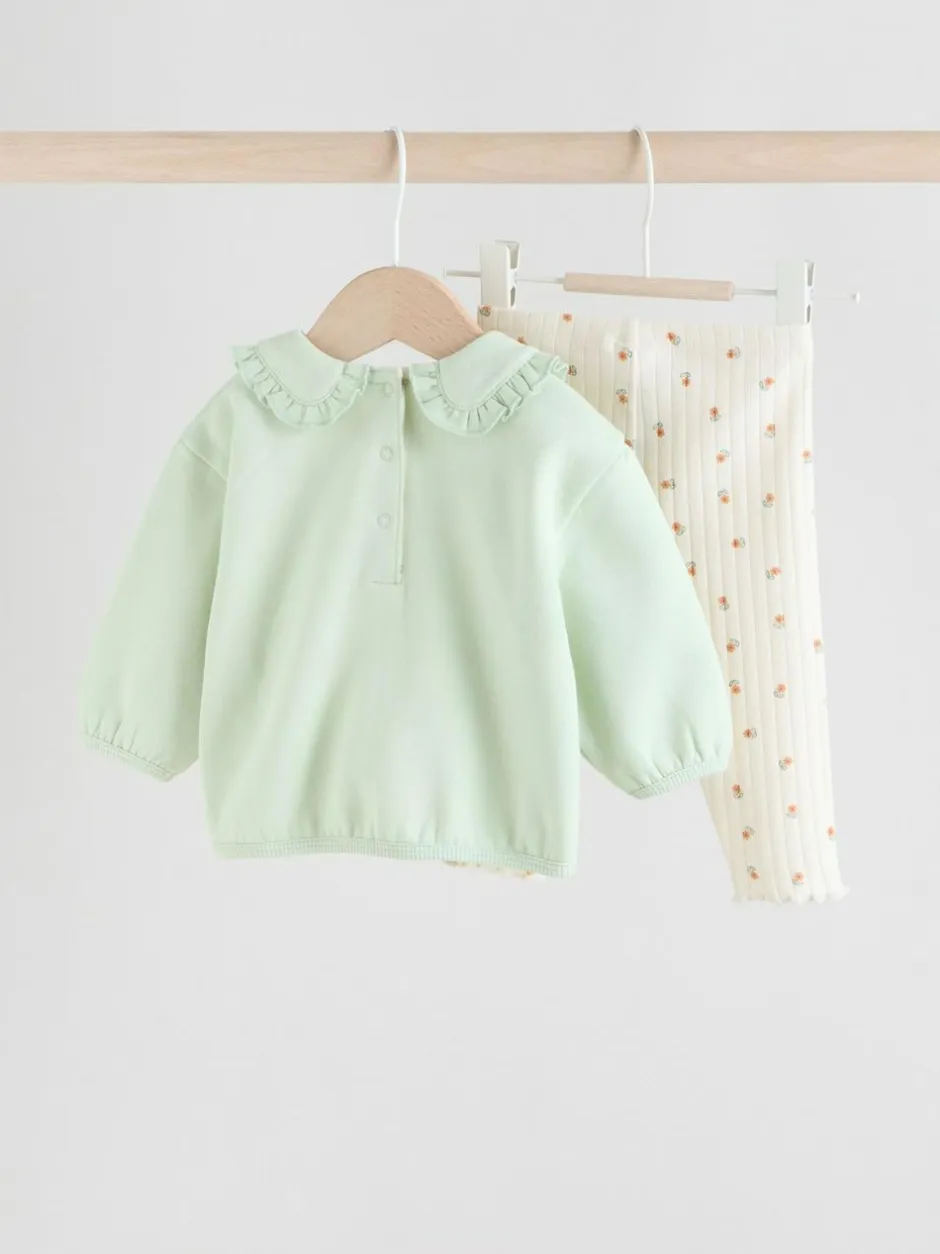 Next Sage Green/ Cream Ditsy Baby Frill Collar Sweater and Leggings 2 Piece Set (0mths-2yrs) New