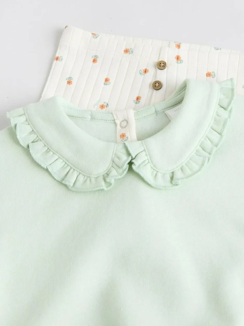 Next Sage Green/ Cream Ditsy Baby Frill Collar Sweater and Leggings 2 Piece Set (0mths-2yrs) New