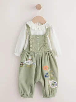 Next Sage Green Embroidered Long Sleeve Bodysuit and Cord Dungaree 2 Piece Baby Set (0mths-3yrs) New