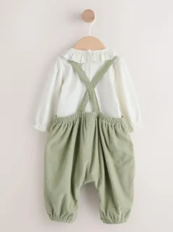 Next Sage Green Embroidered Long Sleeve Bodysuit and Cord Dungaree 2 Piece Baby Set (0mths-3yrs) New