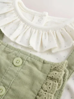 Next Sage Green Embroidered Long Sleeve Bodysuit and Cord Dungaree 2 Piece Baby Set (0mths-3yrs) New