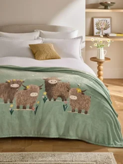 Next Sage Green Hamish The Highland Cow Spring Printed Fleece Throw Hot