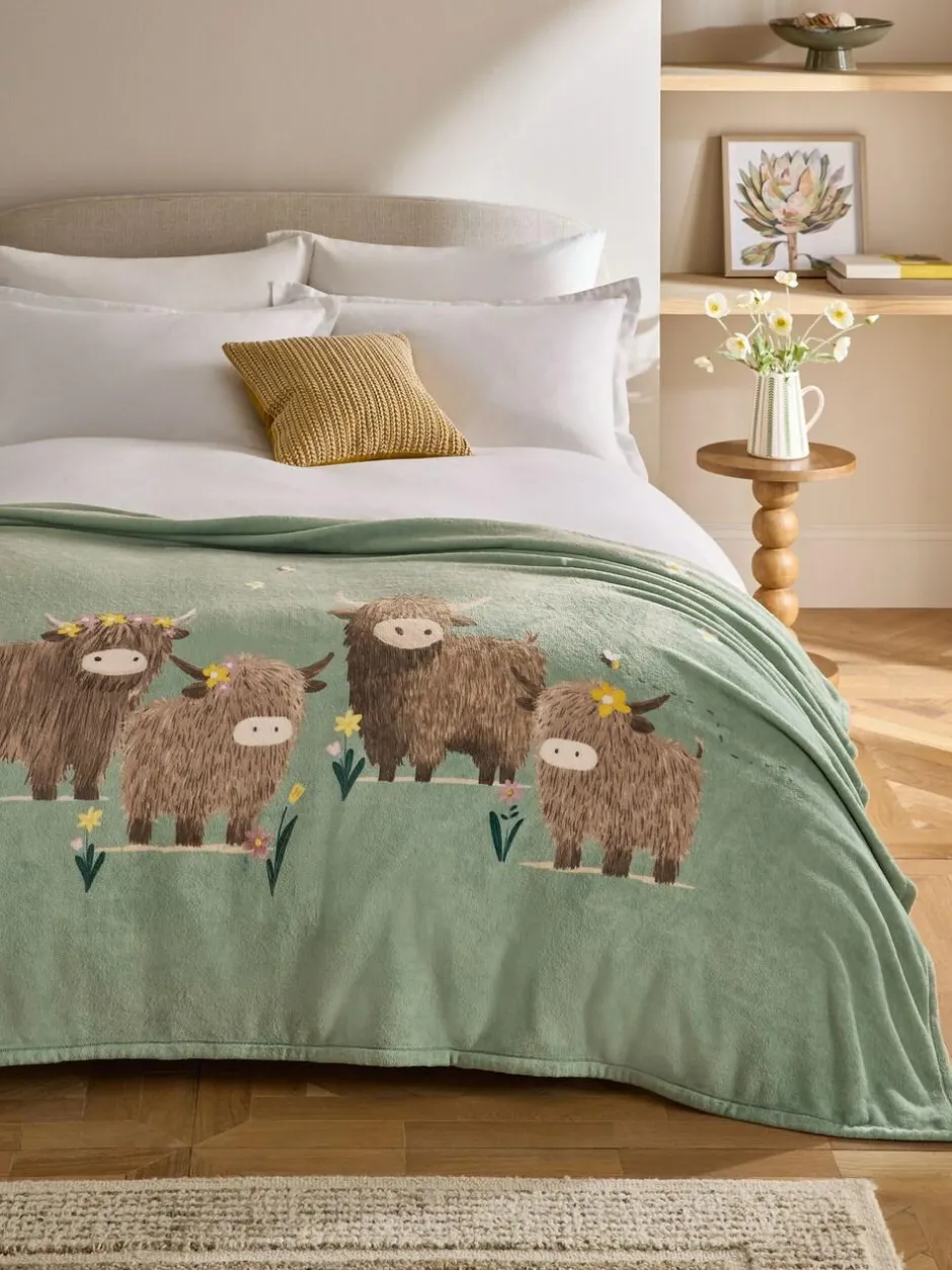 Next Sage Green Hamish The Highland Cow Spring Printed Fleece Throw Hot