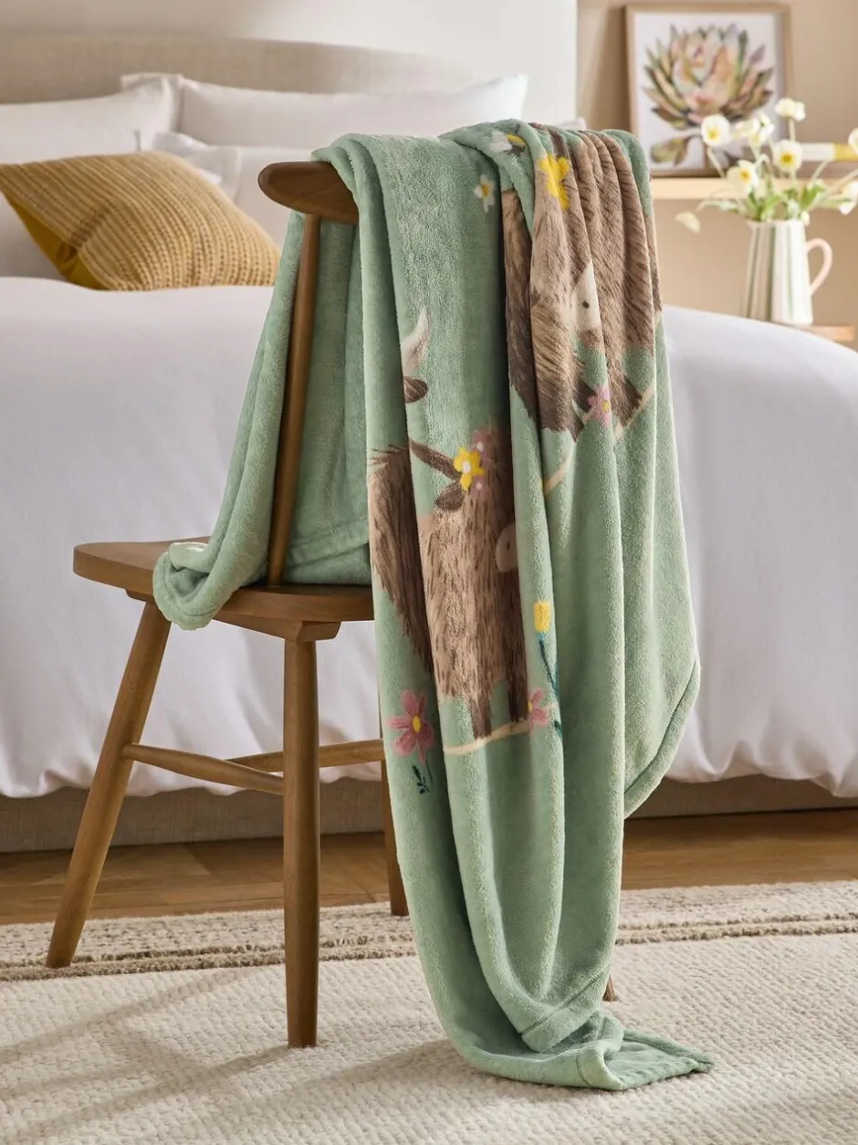 Next Sage Green Hamish The Highland Cow Spring Printed Fleece Throw Hot