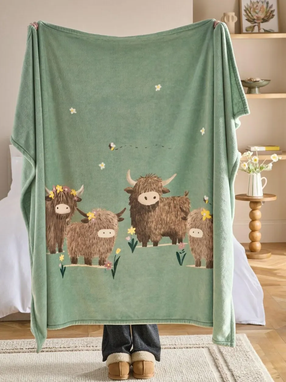 Next Sage Green Hamish The Highland Cow Spring Printed Fleece Throw Hot