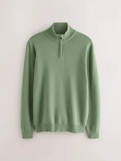 Next Sage Green Plain N.Premium Regular Fit 100% Cotton Premium Quarter Zip Jumper Sale
