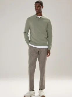 Next Plain Regular Fit Essential Long Sleeve Knitted Polo Shirt Sage Green New