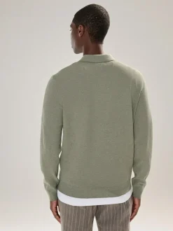 Next Plain Regular Fit Essential Long Sleeve Knitted Polo Shirt Sage Green New