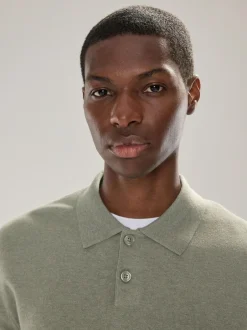 Next Plain Regular Fit Essential Long Sleeve Knitted Polo Shirt Sage Green New