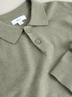 Next Plain Regular Fit Essential Long Sleeve Knitted Polo Shirt Sage Green New
