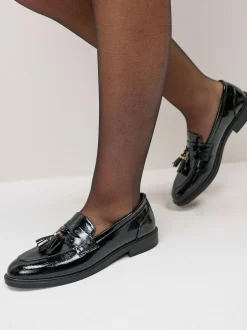 Schuh Black Wide Fit Layne Patent Tassel Loafers Online