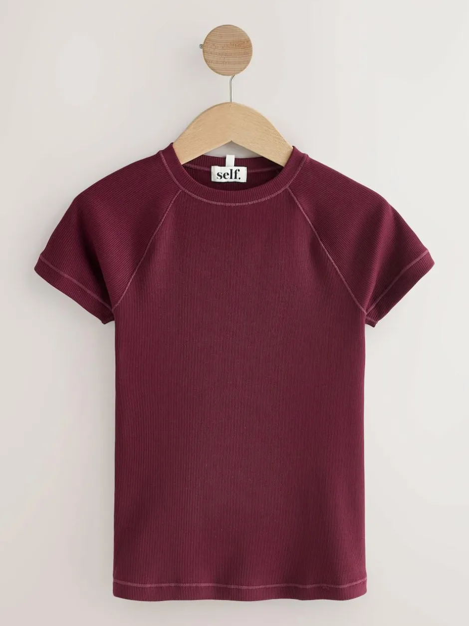 self. Burgundy Fitted Rib T-Shirt Best