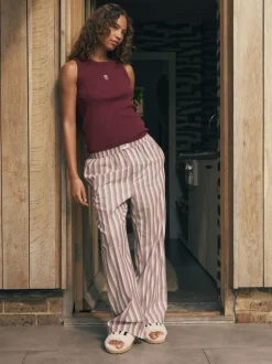 self. Burgundy Red Stripe Ribbed Vest Top and Long Leg Pyjamas Set Online