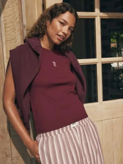 self. Burgundy Red Stripe Ribbed Vest Top and Long Leg Pyjamas Set Online