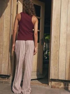 self. Burgundy Red Stripe Ribbed Vest Top and Long Leg Pyjamas Set Online