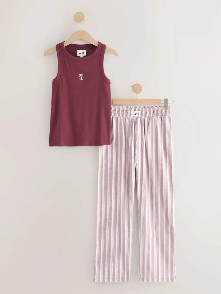 self. Burgundy Red Stripe Ribbed Vest Top and Long Leg Pyjamas Set Online