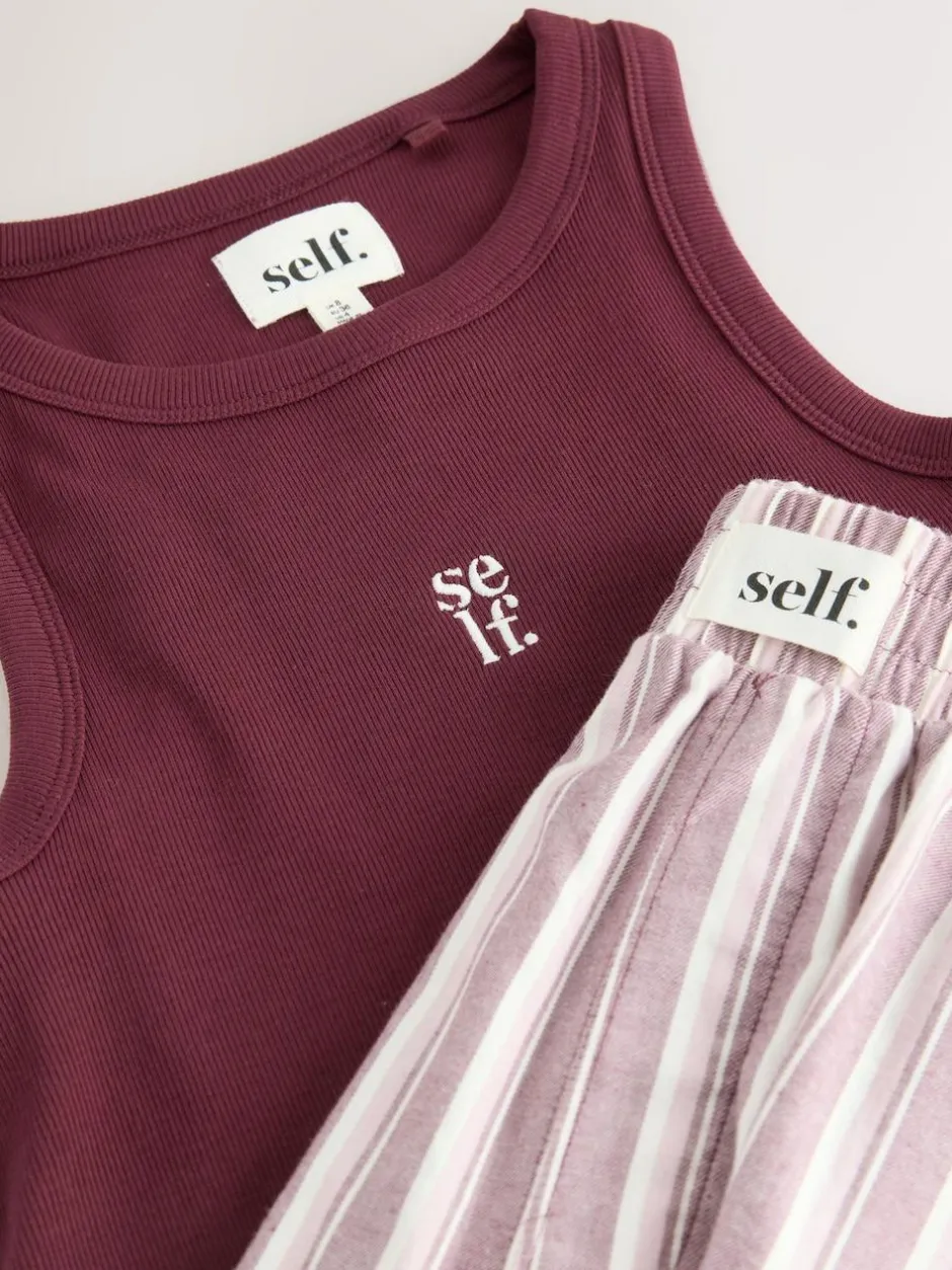 self. Burgundy Red Stripe Ribbed Vest Top and Long Leg Pyjamas Set Online