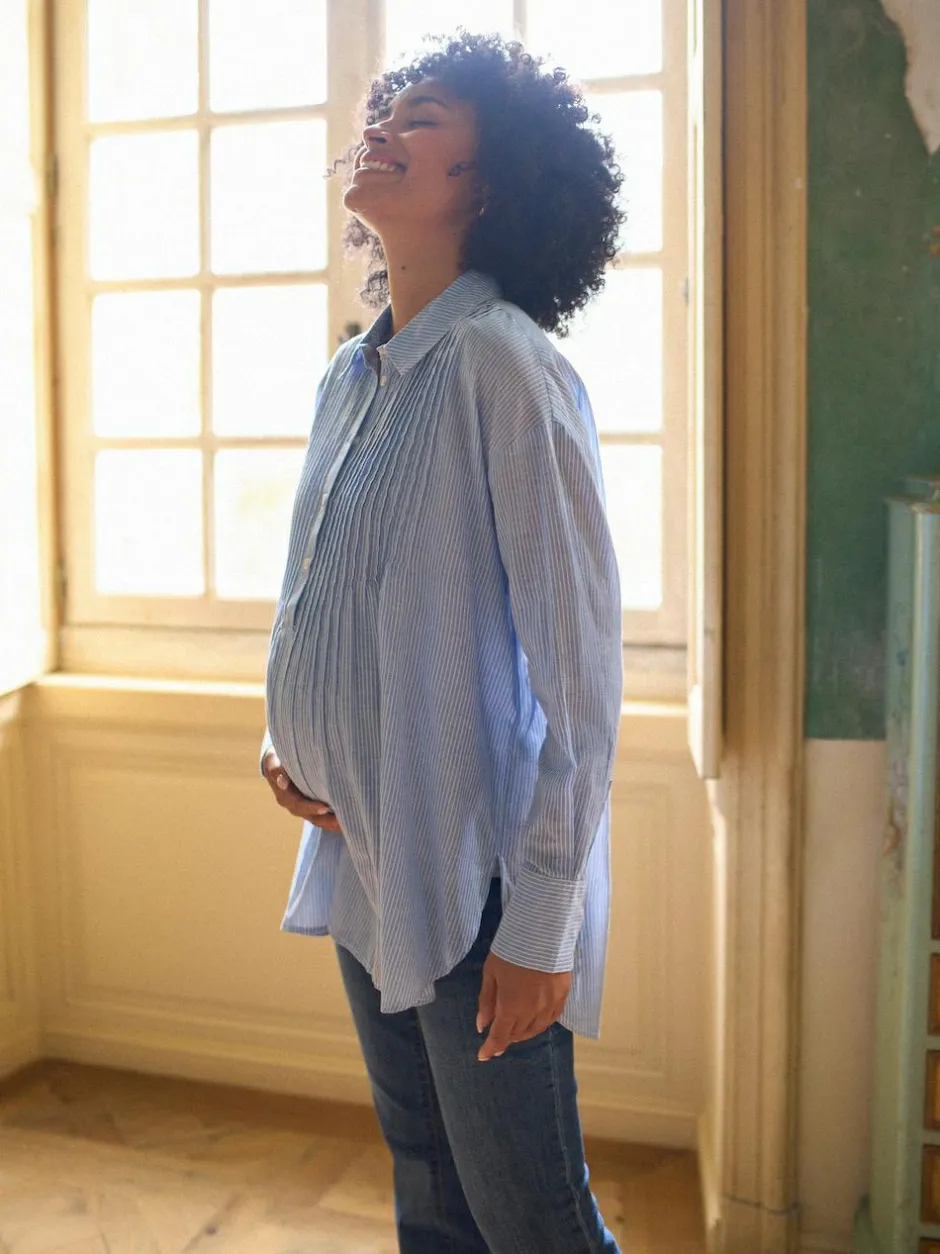 Seraphine Blue & White Stripe Maternity Pintuck Shirt Best