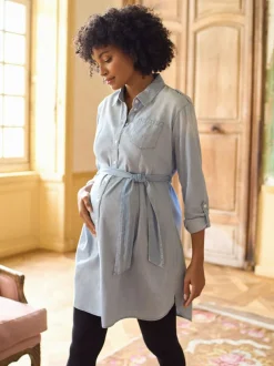 Seraphine Blue Denim Maternity & Nursing Chambray Shirt Dress Discount
