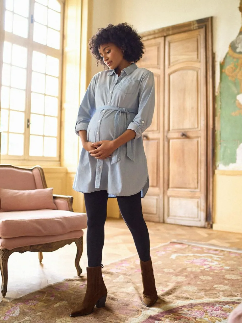 Seraphine Blue Denim Maternity & Nursing Chambray Shirt Dress Discount