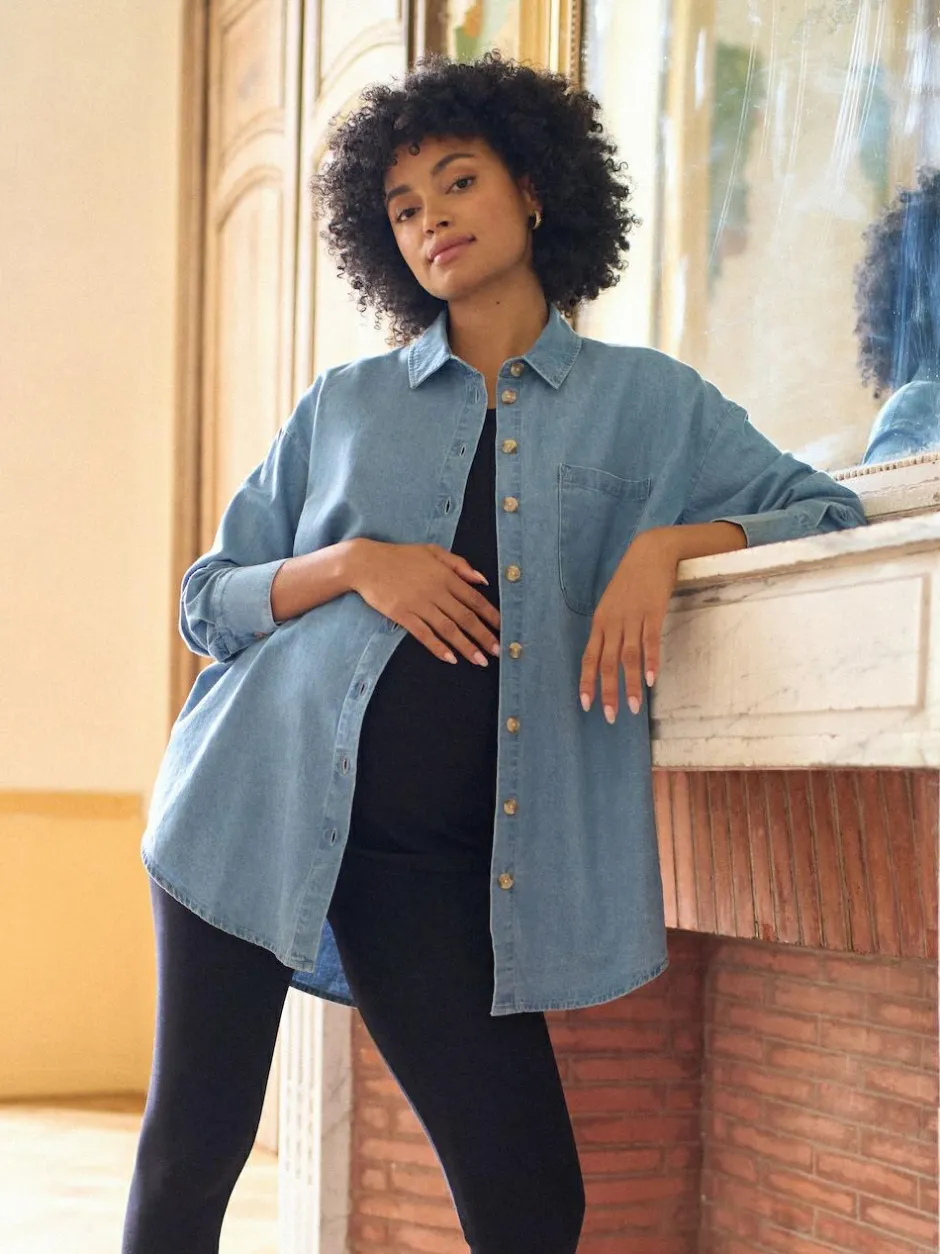 Seraphine Blue Denim Maternity & Nursing Shirt Dress New