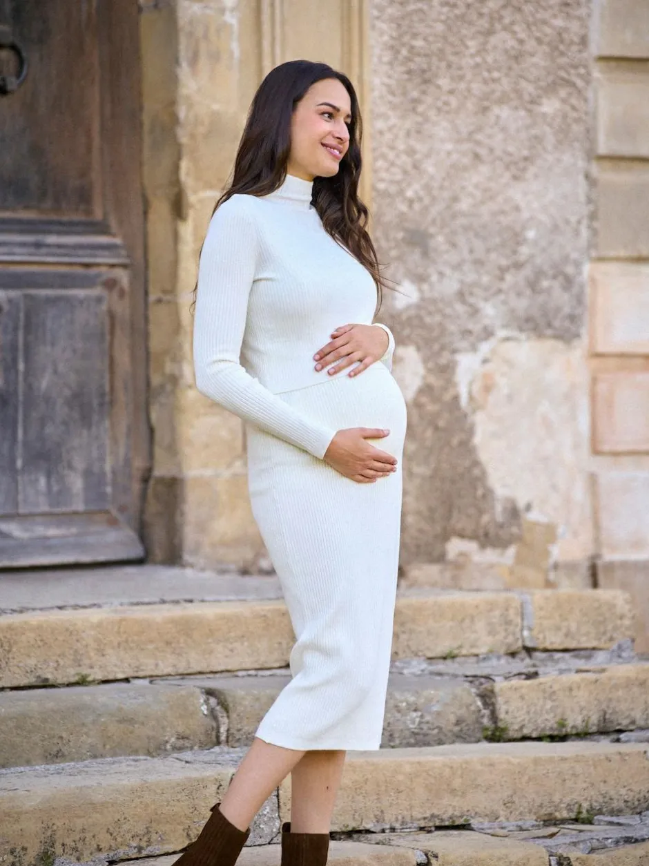 Seraphine Cream Maternity Premium Rib Knit and Nursing Dress Hot