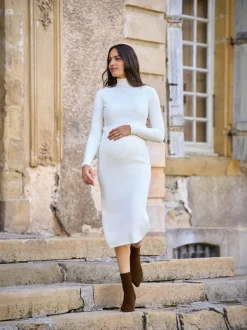 Seraphine Cream Maternity Premium Rib Knit and Nursing Dress Hot