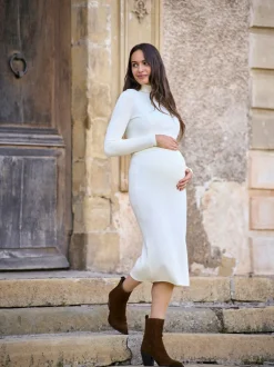 Seraphine Cream Maternity Premium Rib Knit and Nursing Dress Hot