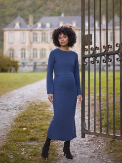 Seraphine Navy Blue Ribbed Knitted Maternity and Nursing Midi Dress Online