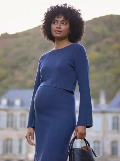 Seraphine Navy Blue Ribbed Knitted Maternity and Nursing Midi Dress Online