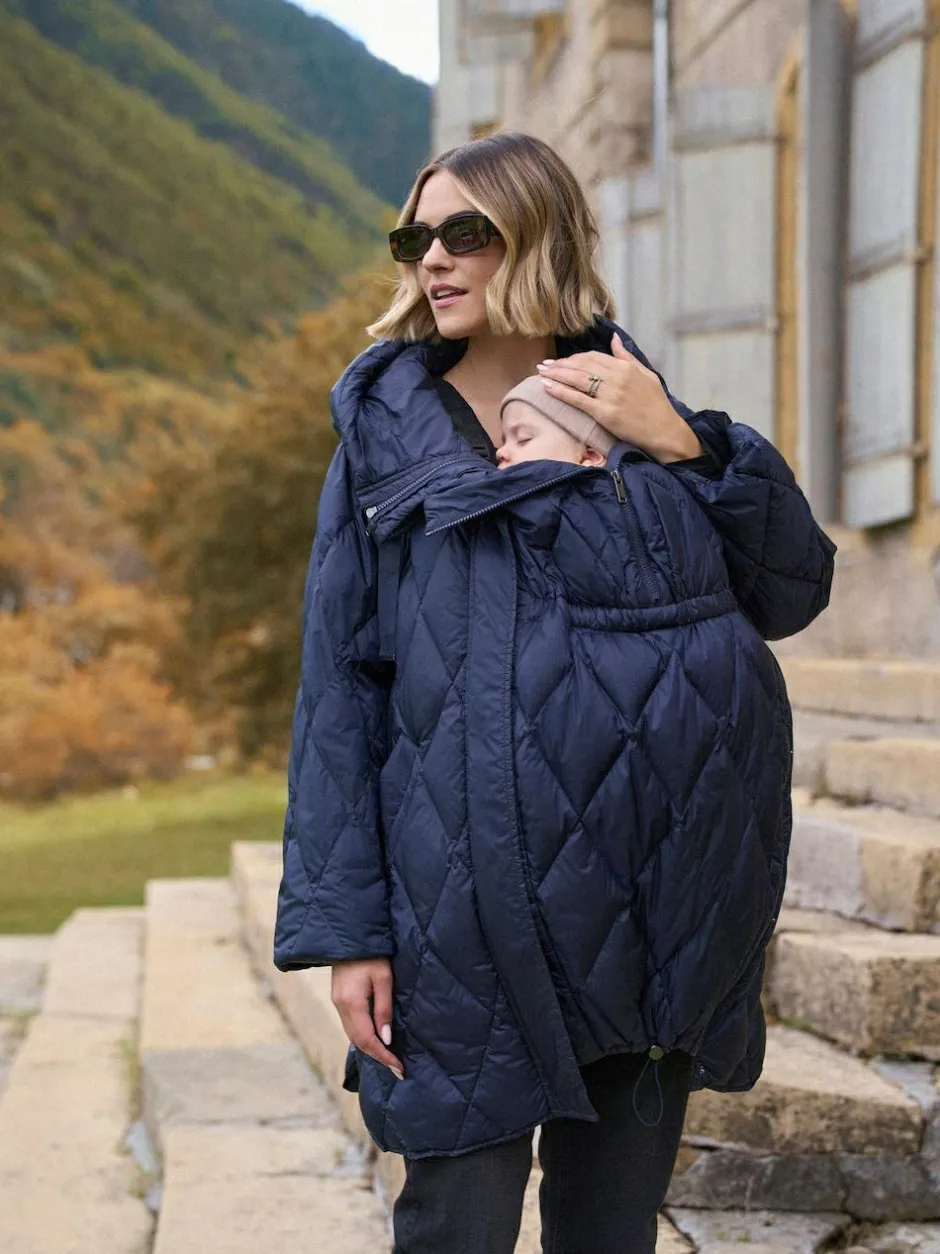 Seraphine Navy Lightweight Quilted 3 in 1 Maternity & Babywearing Coat Sale
