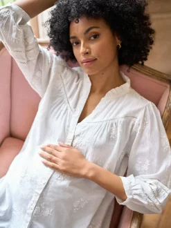 Seraphine White Ivory Maternity & Nursing Cotton Embroidered Blouse New